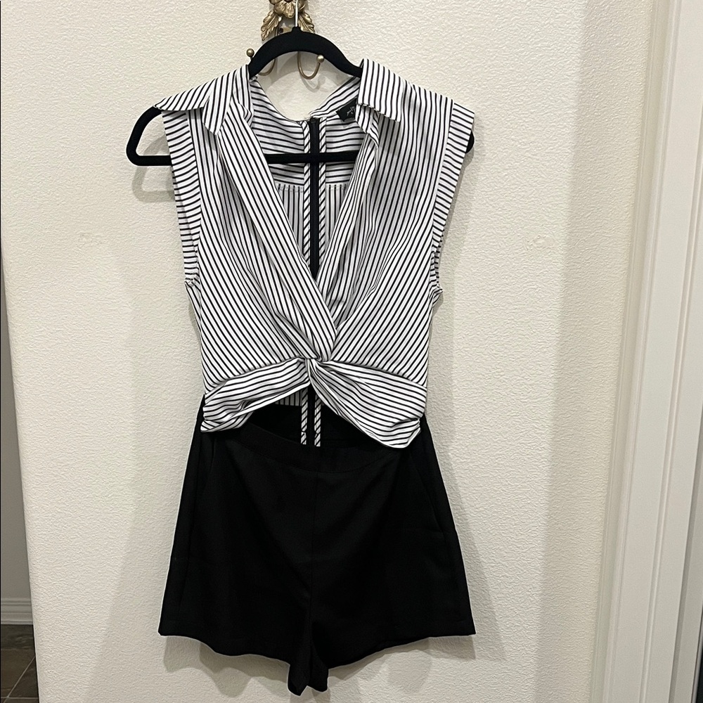 Black and White Striped Sleeveless Romper